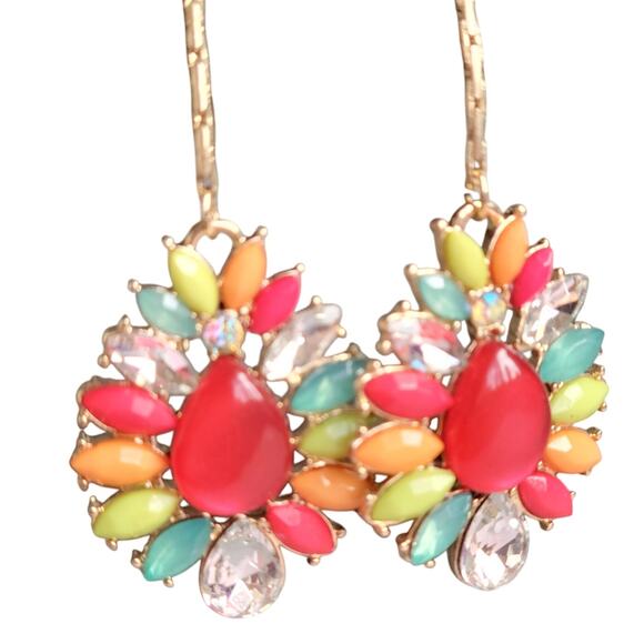 Gold Tone Drop Earrings Multicolor Resin Stones 2.75" Long Rhinestone, Gift Bag - Picture 6 of 13